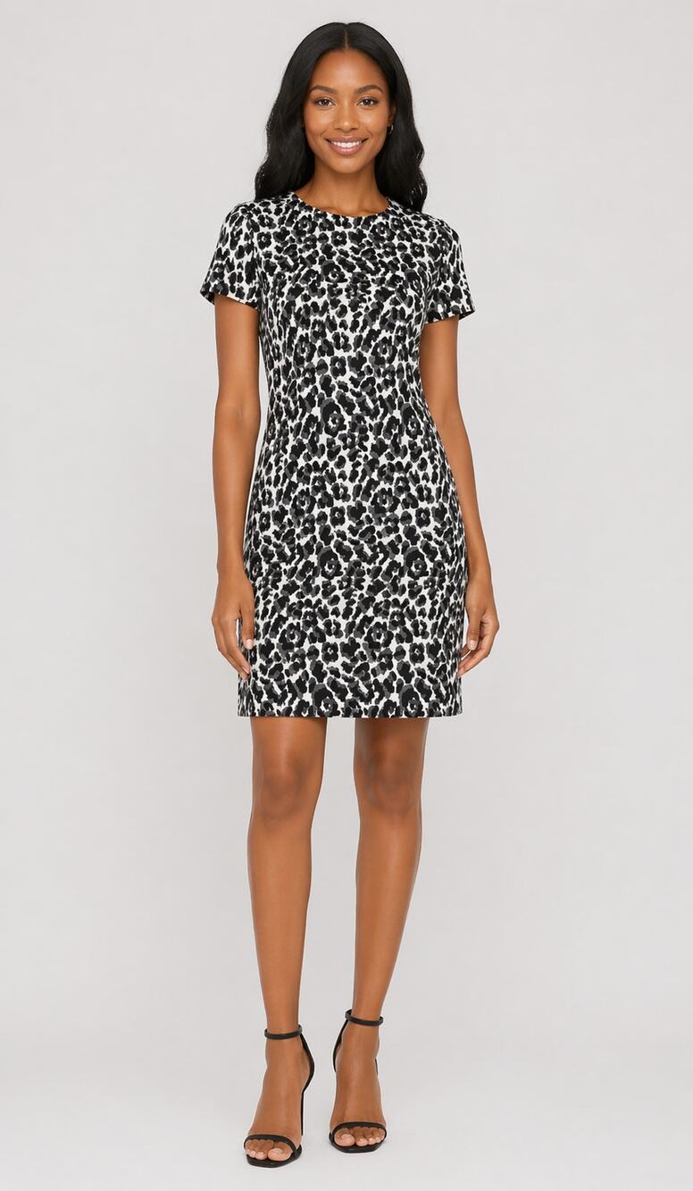 Calvin Klein Animal Print Short Sleeve Sheath Dress Womens Size 6 White Black